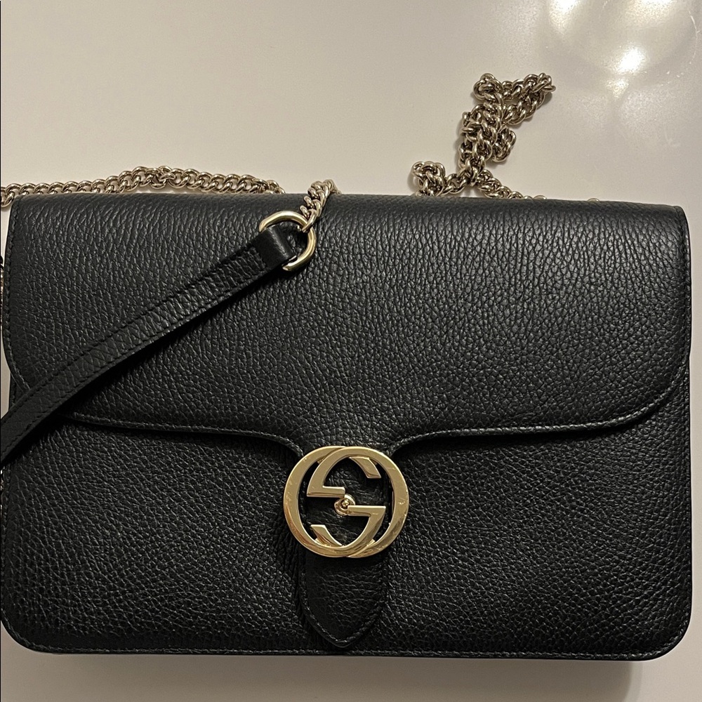 Gucci Black Crossbody or on the shoulder Bag with Gold Chain